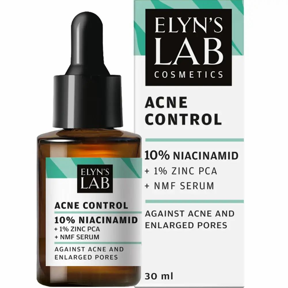 Flacone di siero e confezione. Scritta: ELYN'S LAB, Acne Control, 10% Niacinamide, 1% Zinco PCA, NMF Serum. Contro acne e pori dilatati.