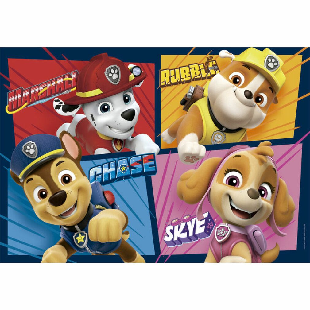 Puzzle Clementoni, 24 pezzi, Paw Patrol. Il puzzle mostra Marshall, Chase, Rubble e Skye. Sfondo rosso, blu e rosa.