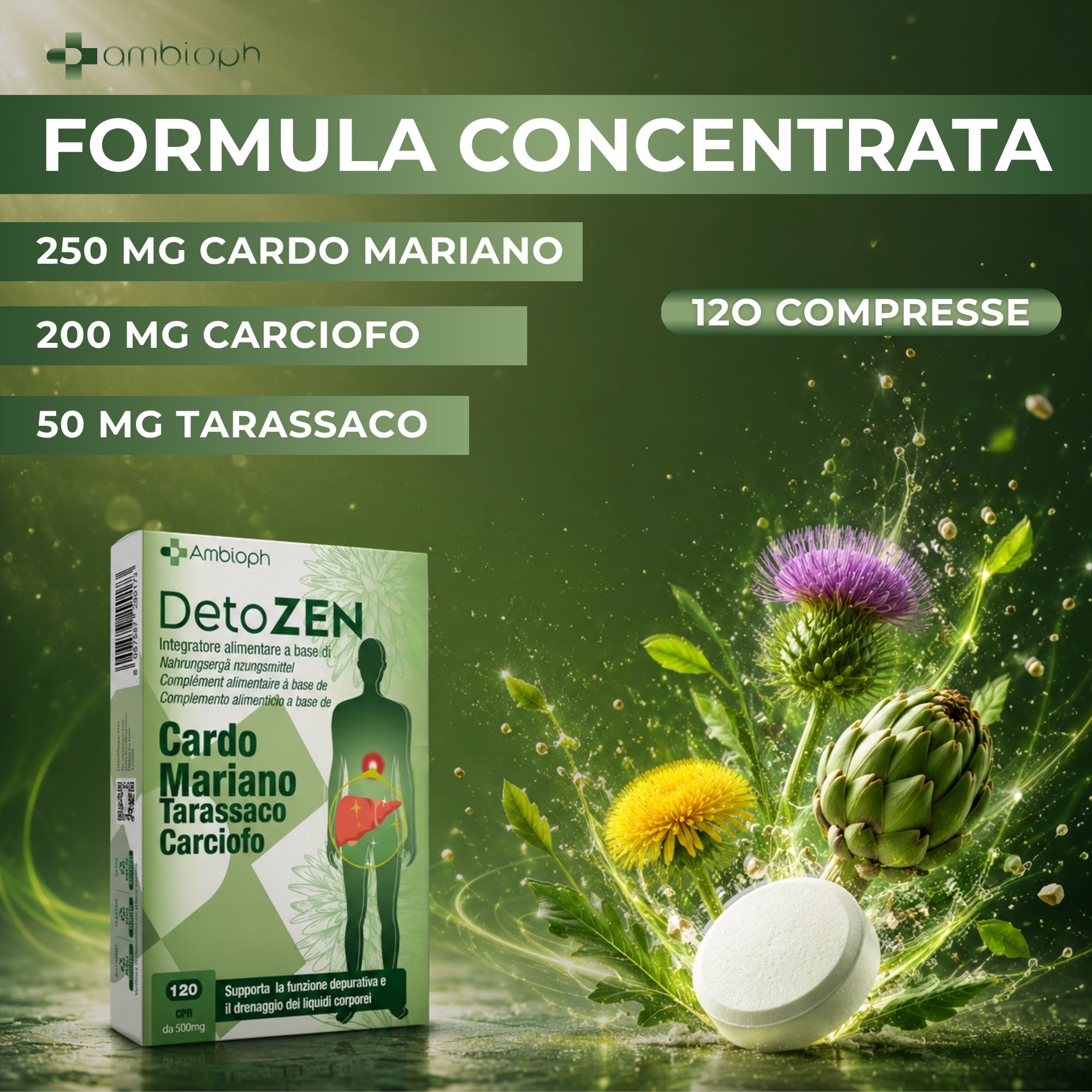 Confezione, blister, piante e una compressa, testo sulla formula concentrata.