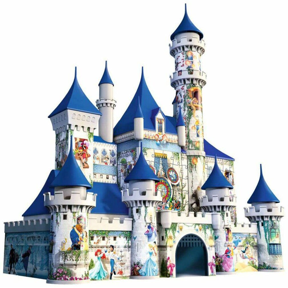 Puzzle 3D Disney Castello assemblato. Castello blu e bianco con torri e personaggi Disney. Senza confezione.