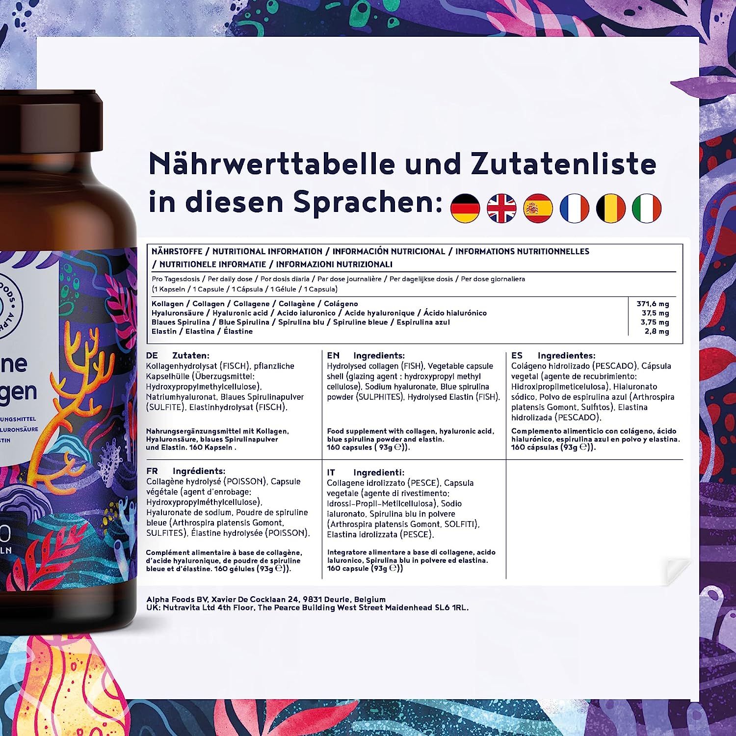 Flacone di vetro marrone con capsule. Scritta: Marine Collagen. Elenco ingredienti e tabella nutrizionale in diverse lingue.