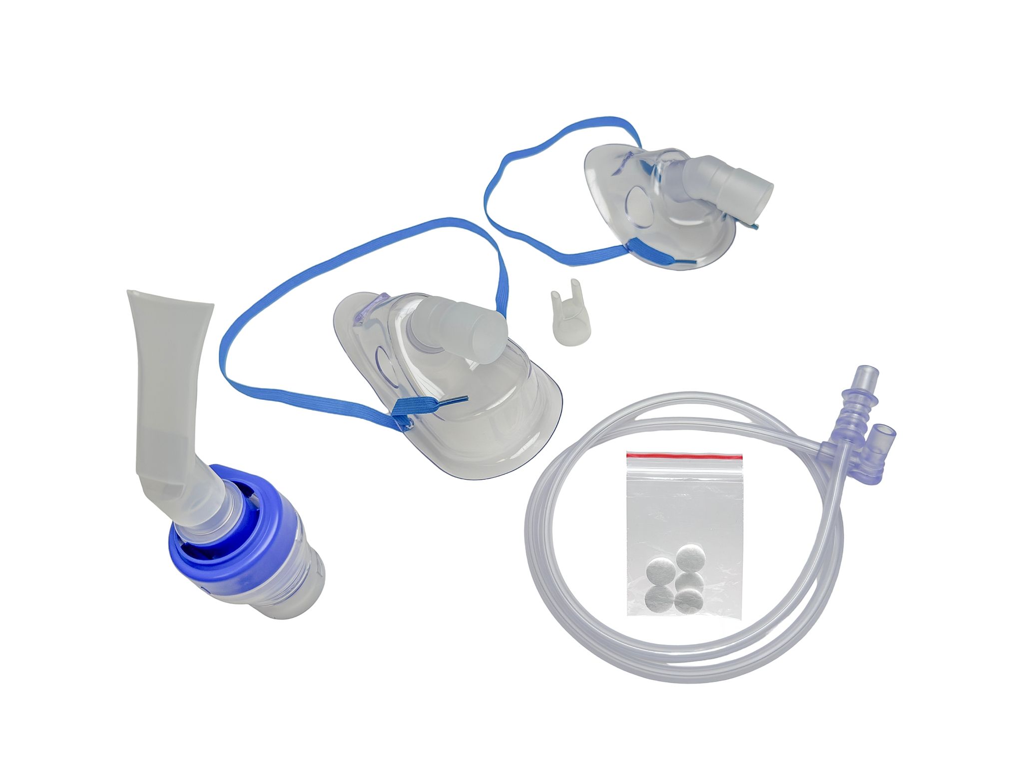 Set nebulizzatore, due maschere, tubo e adattatore.