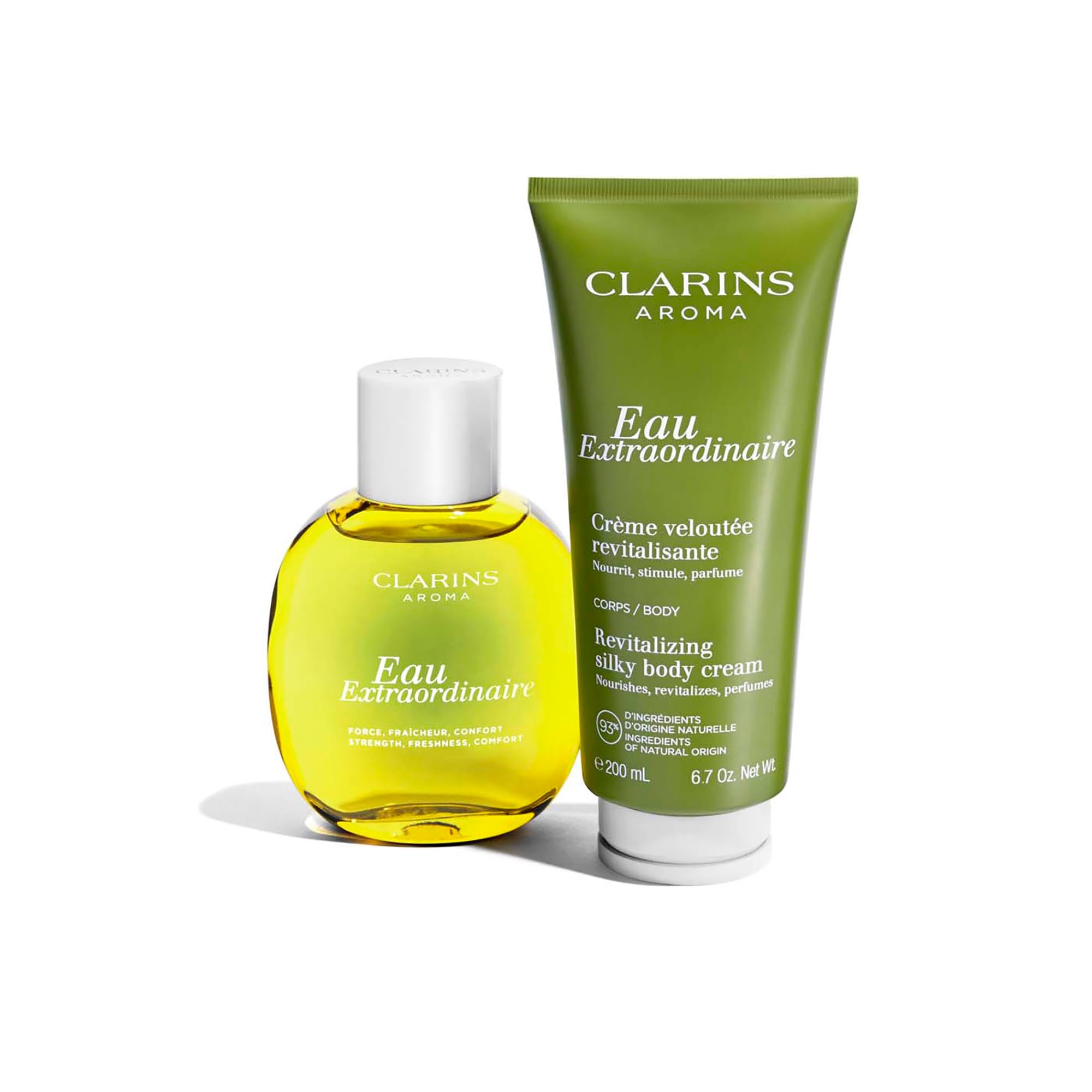 Set: flacone e tubo. Flacone: Clarins Aroma Eau Extraordinaire. Tubo: Crème veloutée revitalisante.