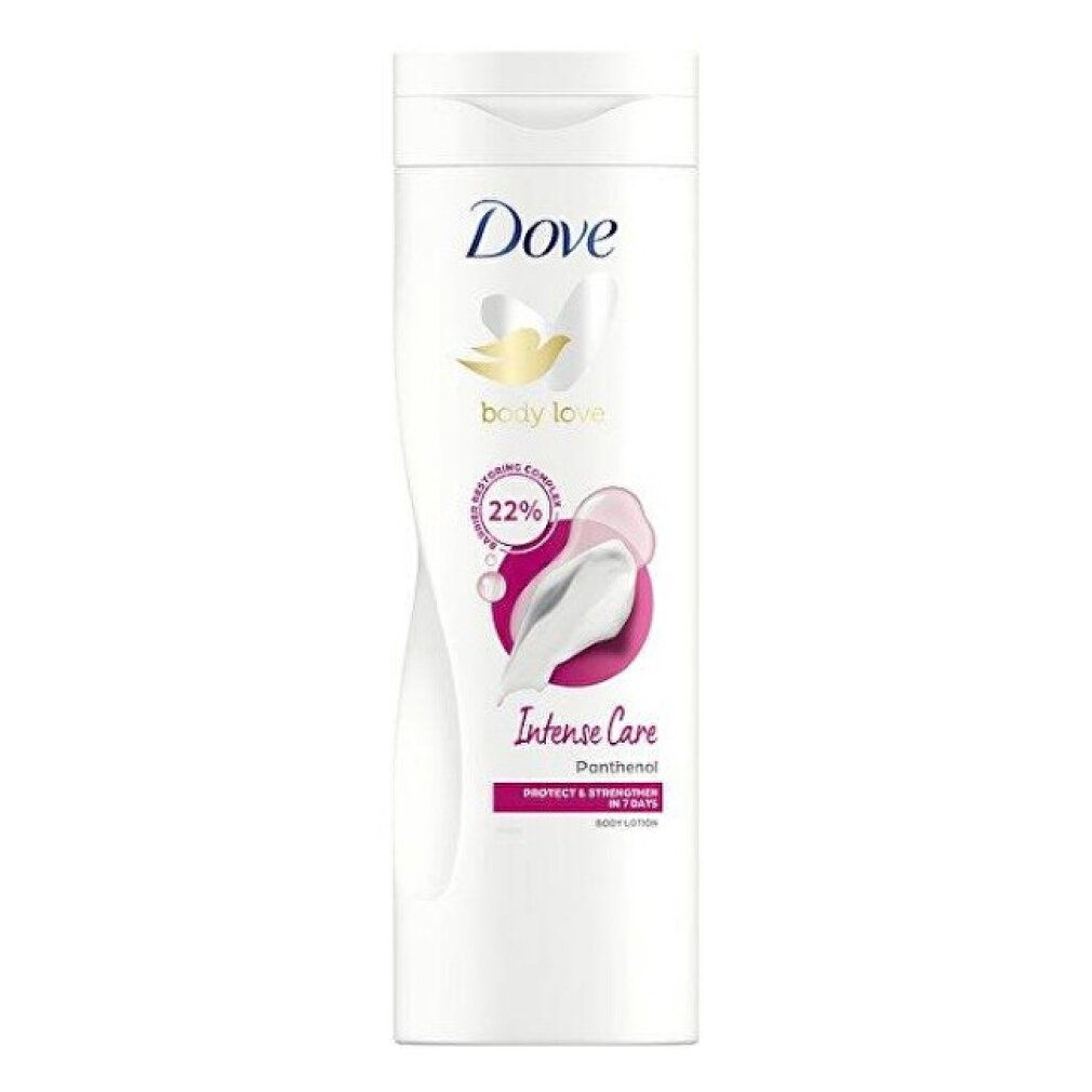 Flacone bianco Dove Body Love Intense Care Body Lotion. Scritta Dove, body love, Intense Care. Contiene pantenolo. Protegge e rinforza in 7 giorni.