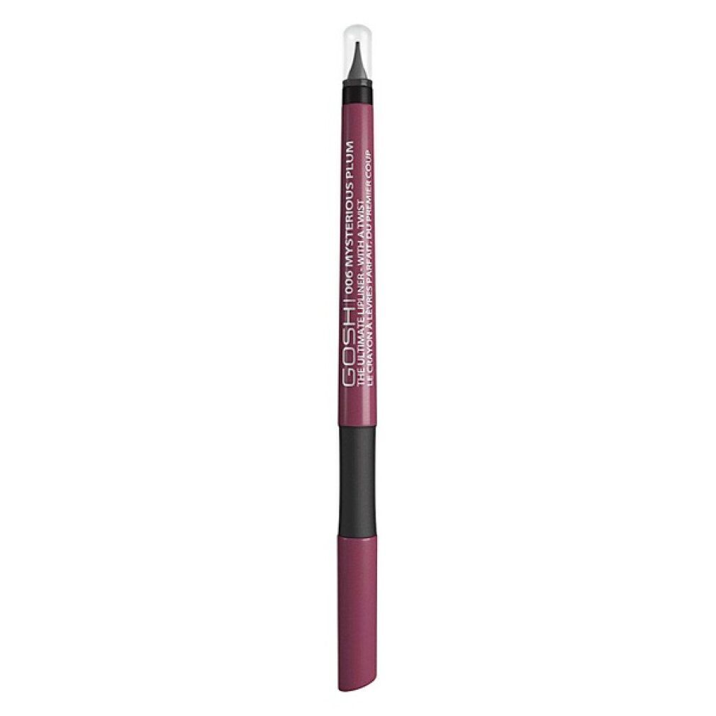 Gosh The Ultimate Lipliner 006 Mysterious Plum. Matita con punta e cappuccio. Colore prugna. Sezione centrale nera. Testo: GOSH, 006 MYSTERIOUS PLUM.