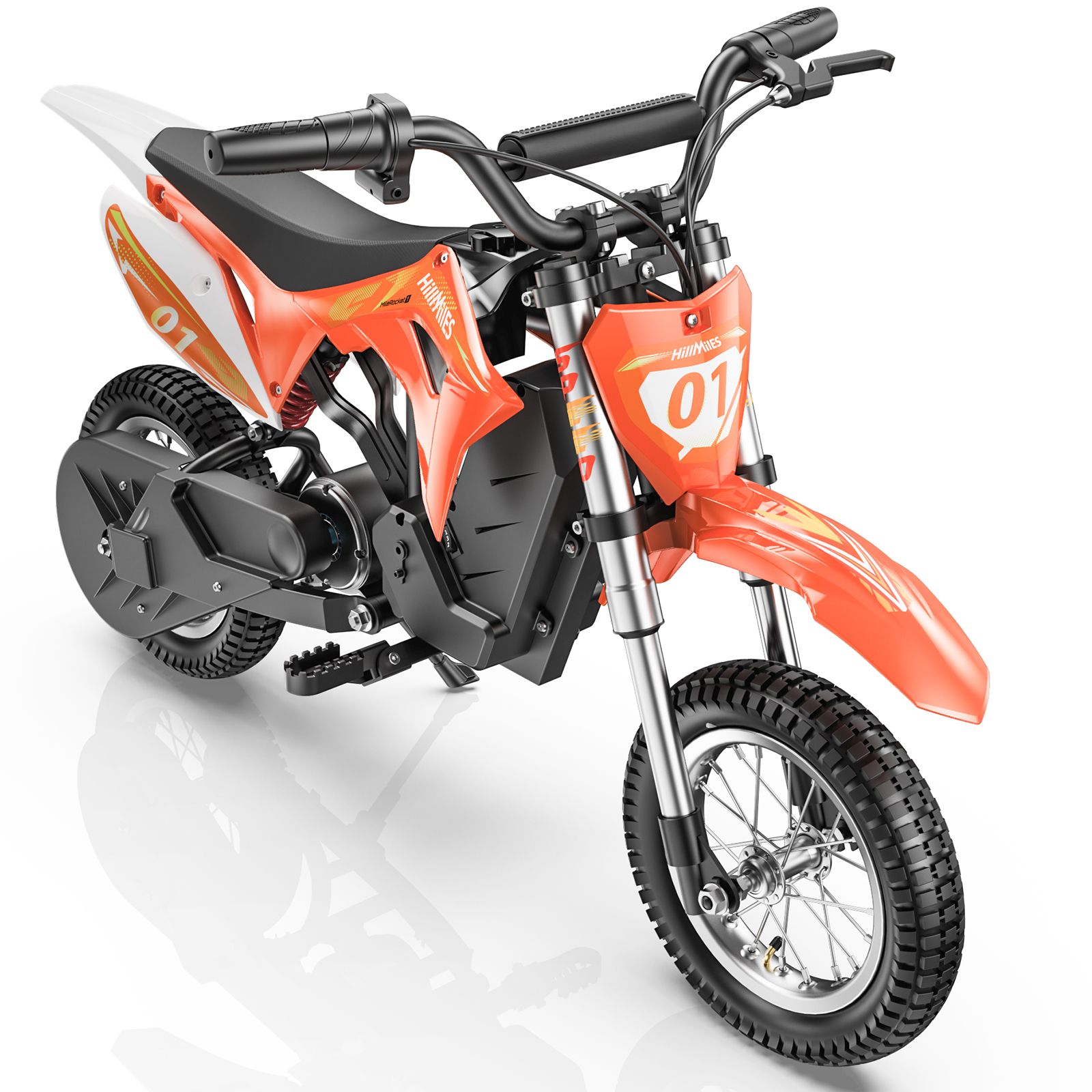 Moto cross elettrica arancione per bambini. Pneumatici, manubrio e sella neri. Dettagli bianchi e neri. Numero 01.