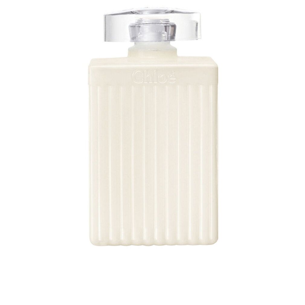 Flacone beige con superficie scanalata e tappo argentato. Il tappo riporta "Chloé".