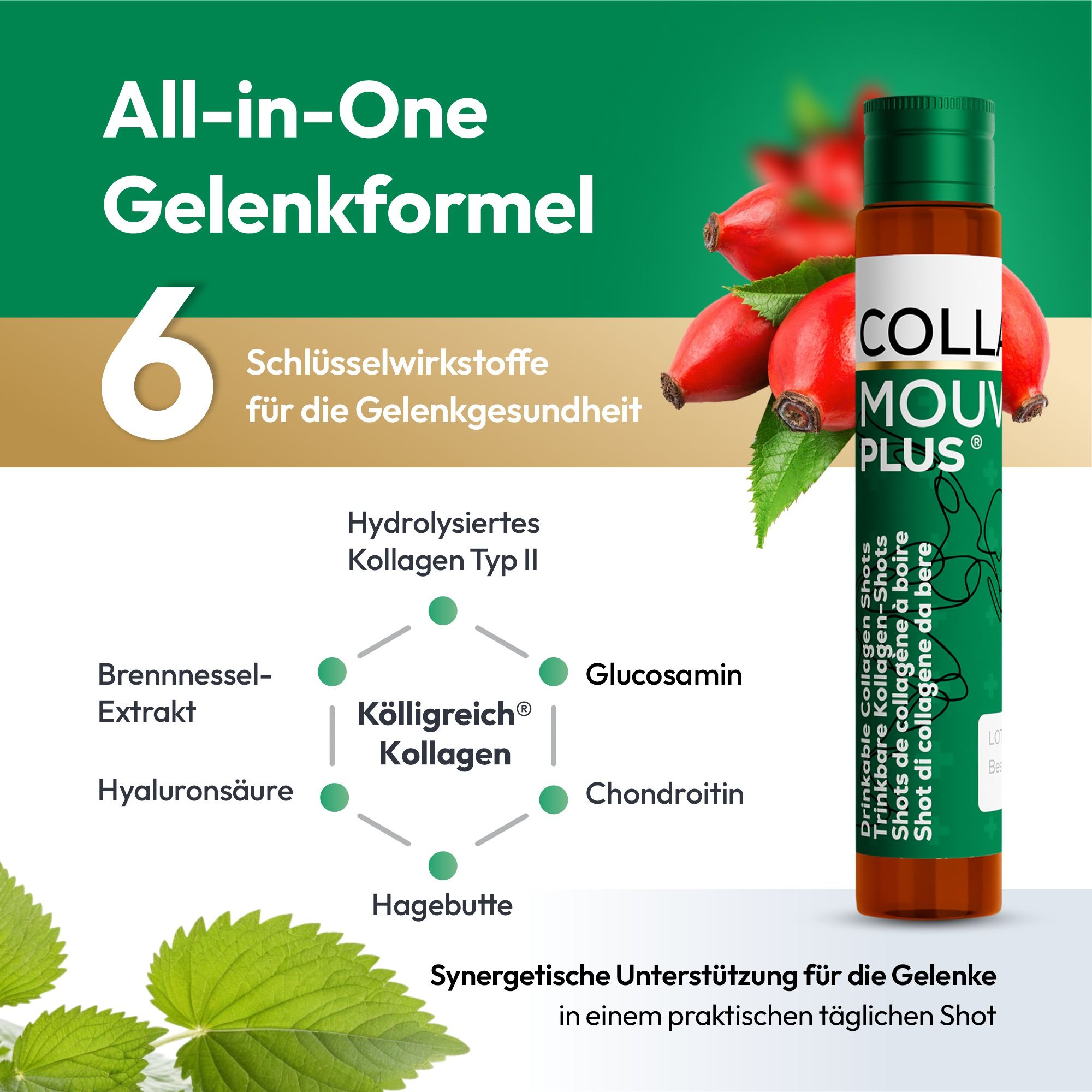 Shot BHW Collamouv Plus Collagene Glucosamina Condroitina con ingredienti e frutta.