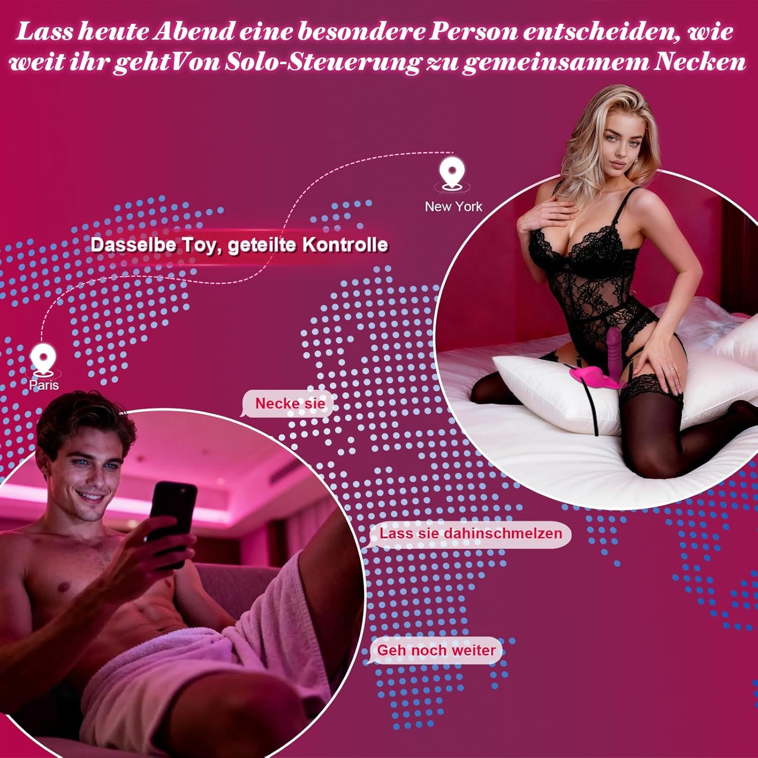 Uomo e donna con smartphone. Donna in lingerie. Dildo. Testo: controllo singolo, controllo condiviso, Parigi, New York.
