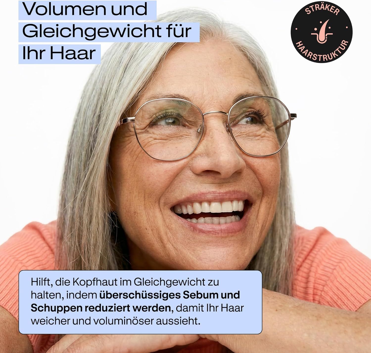 Donna anziana sorridente con occhiali. "Volume ed equilibrio per i tuoi capelli".