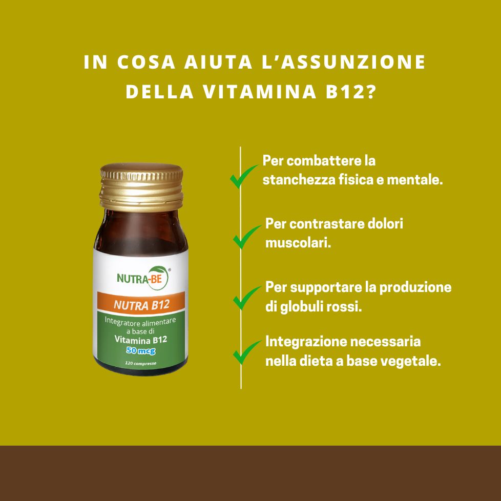 Flacone "Nutra-BE B12" su sfondo giallo. Testo italiano. Benefici dell'assunzione di vitamina B12.