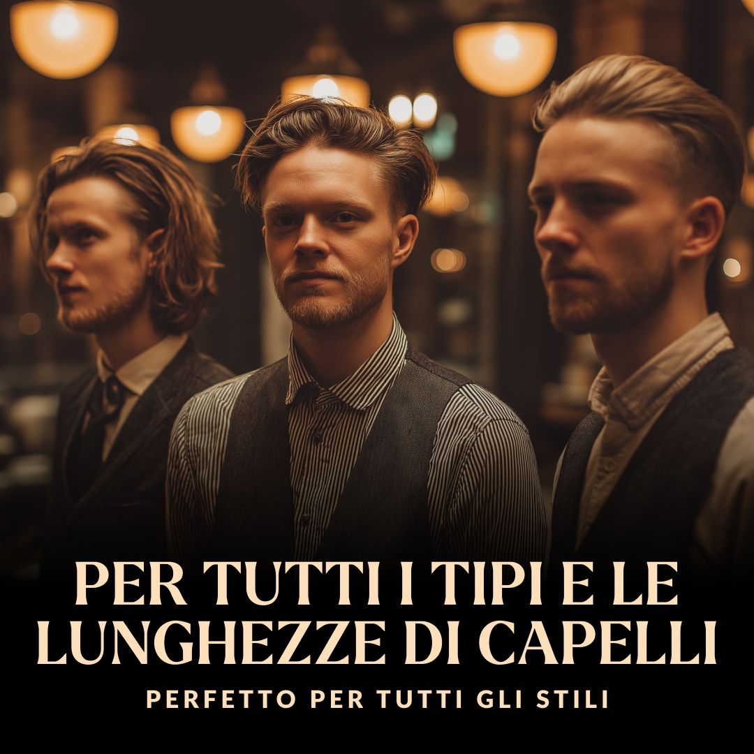 Tre uomini con acconciature alla moda, vestiti di scuro, luci sfocate sullo sfondo.