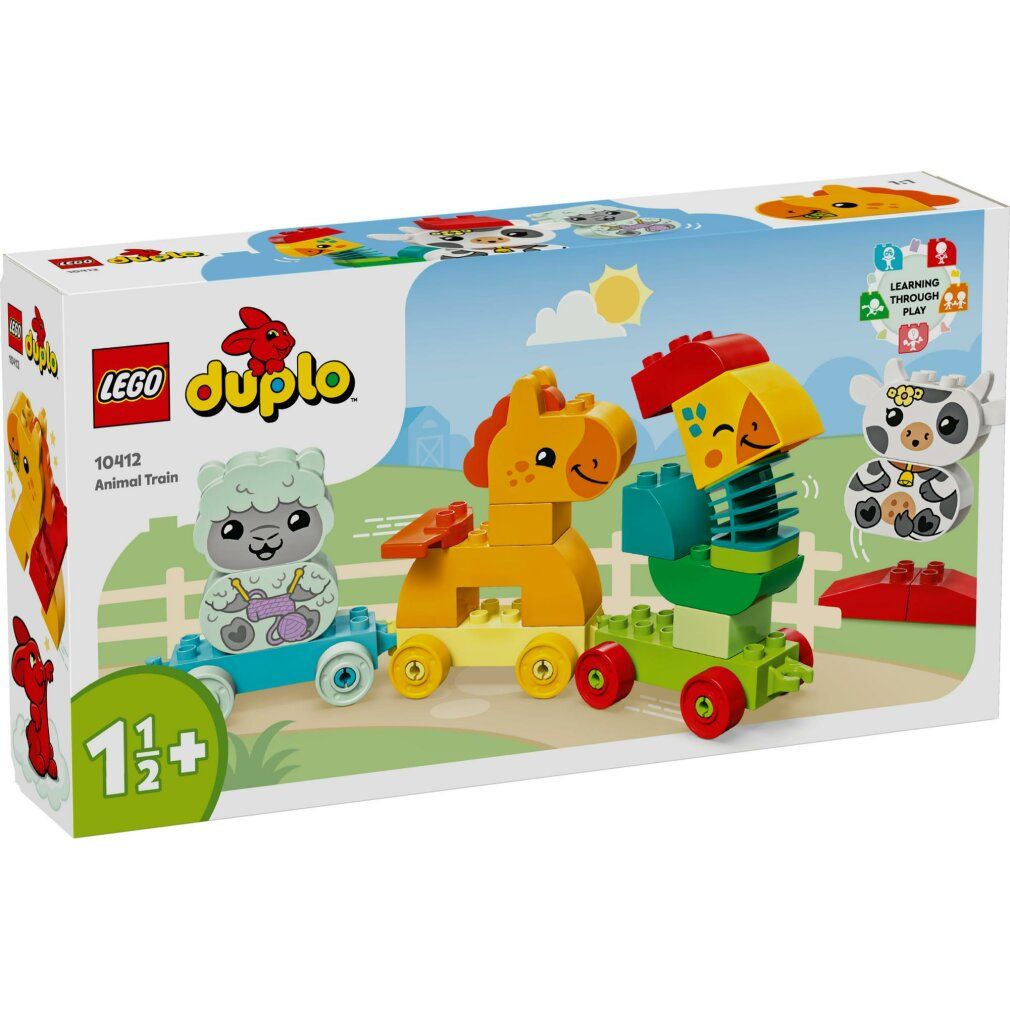 Treno LEGO DUPLO con mucca, cavallo, pecora e uccello. Mattoncini colorati su ruote. Confezione con nome del prodotto e età consigliata.