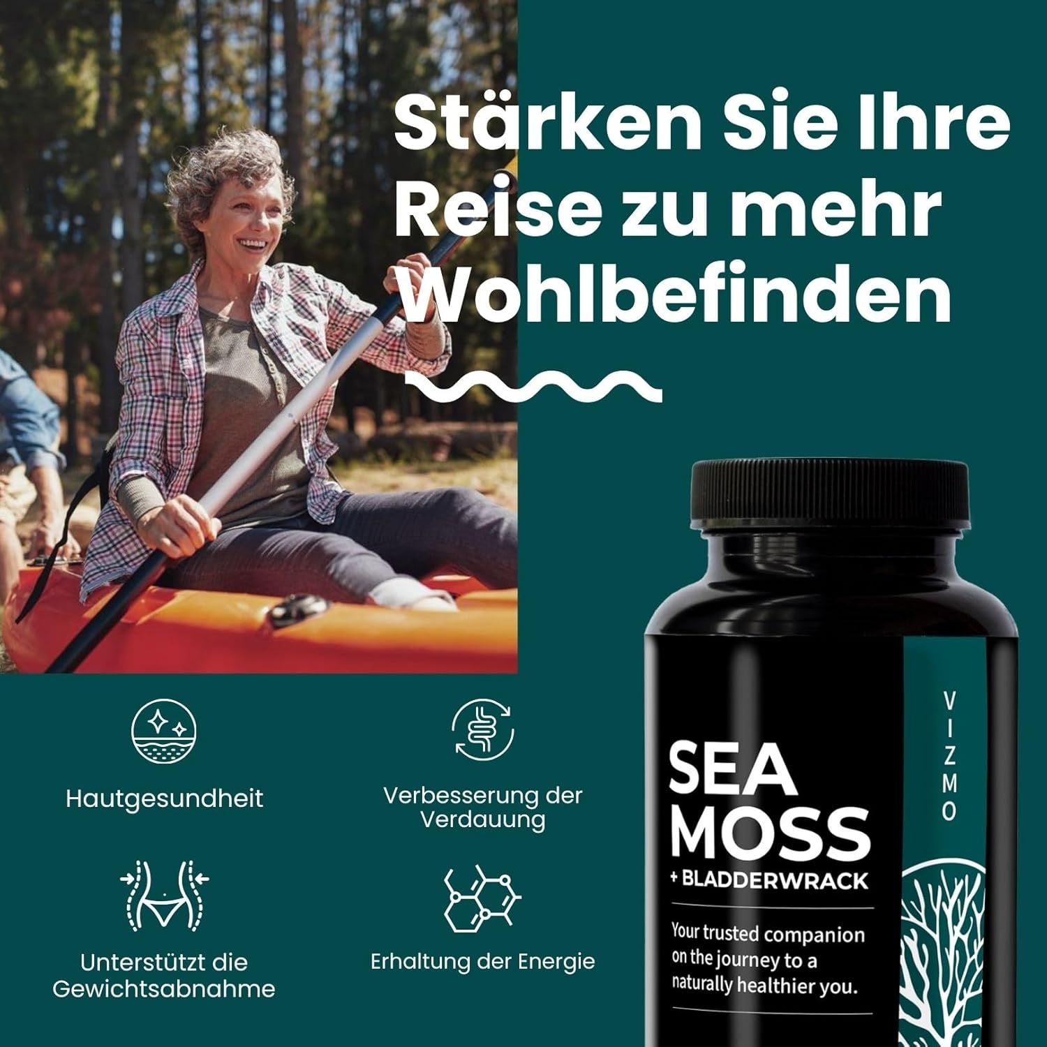 Donna in kayak. Flacone di capsule Sea Moss. Testo: Vizmo, Sea Moss + Bladderwrack, Salute della pelle, Digestione.