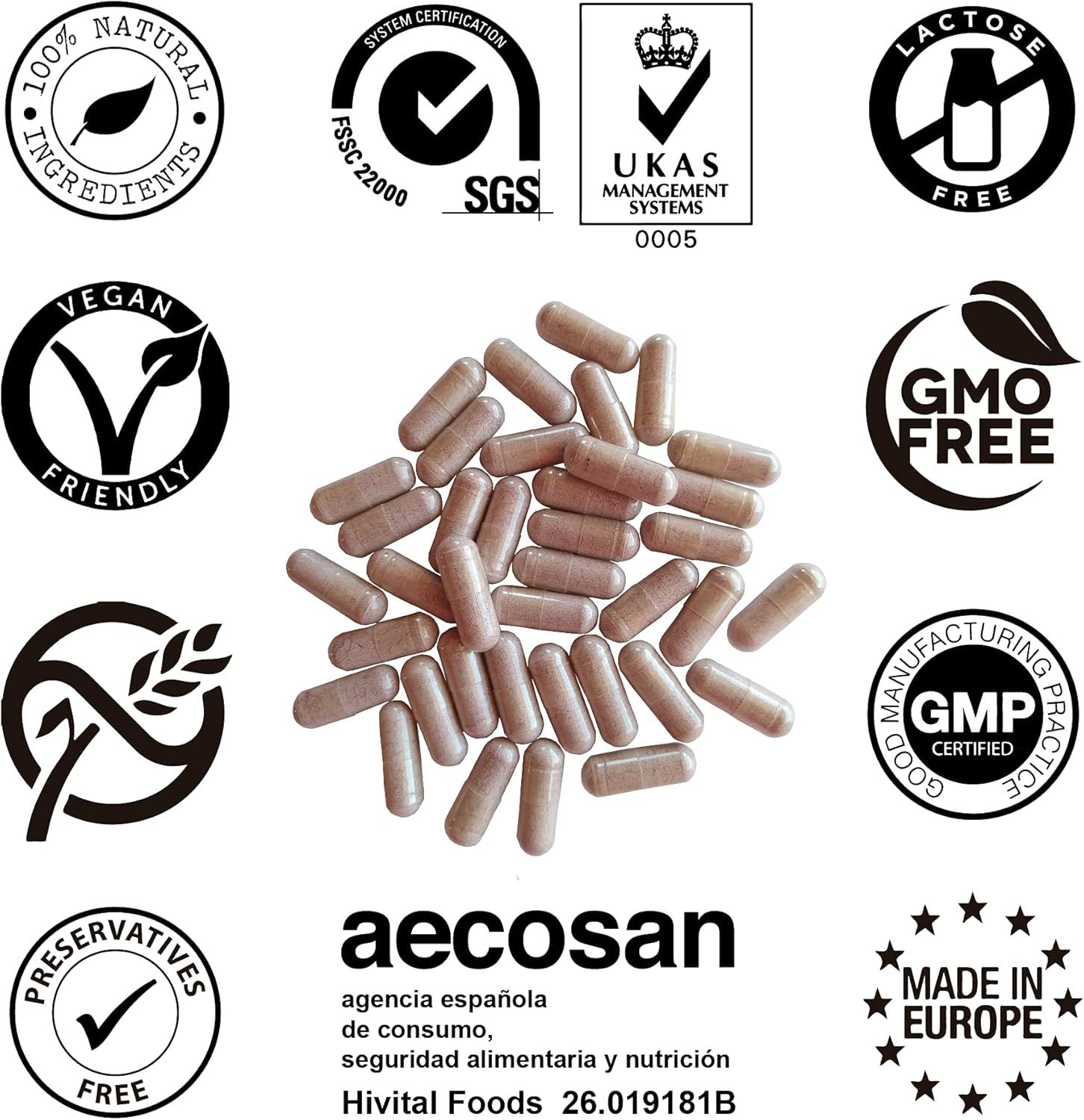 Capsule marroni, circondate da varie certificazioni, tra cui "Vegan Friendly" e "GMO Free".