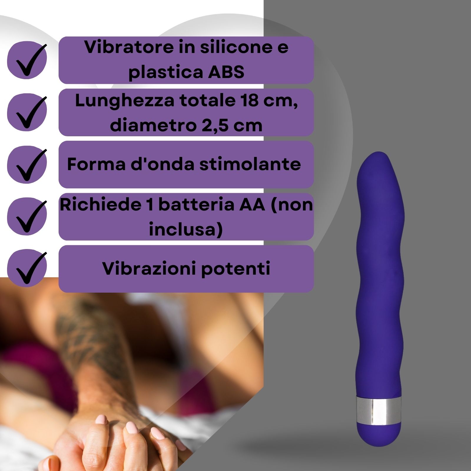 Vibratore blu ondulato in silicone. Coppia sullo sfondo. Anello argentato.