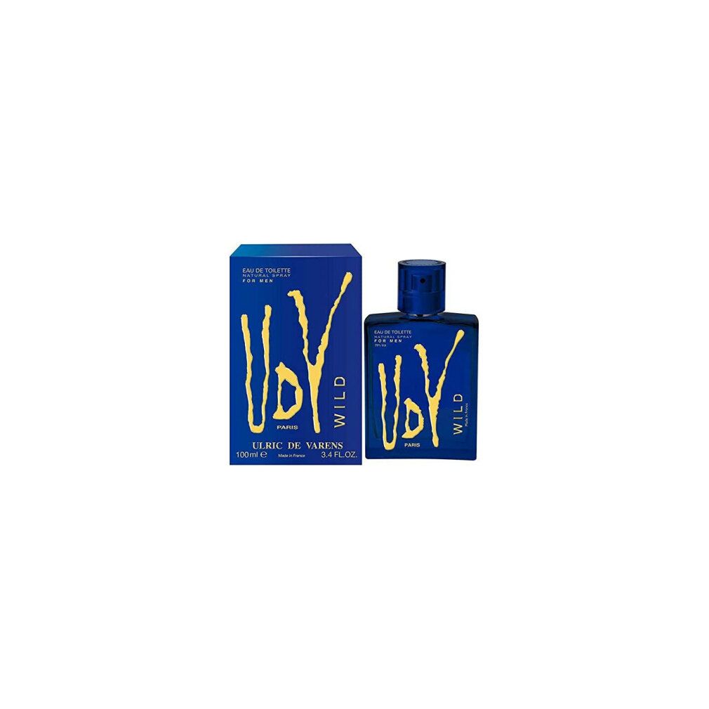 Flacone e scatola di profumo blu scuro con scritta gialla "VDV WILD". Eau de Toilette da uomo, 100 ml.