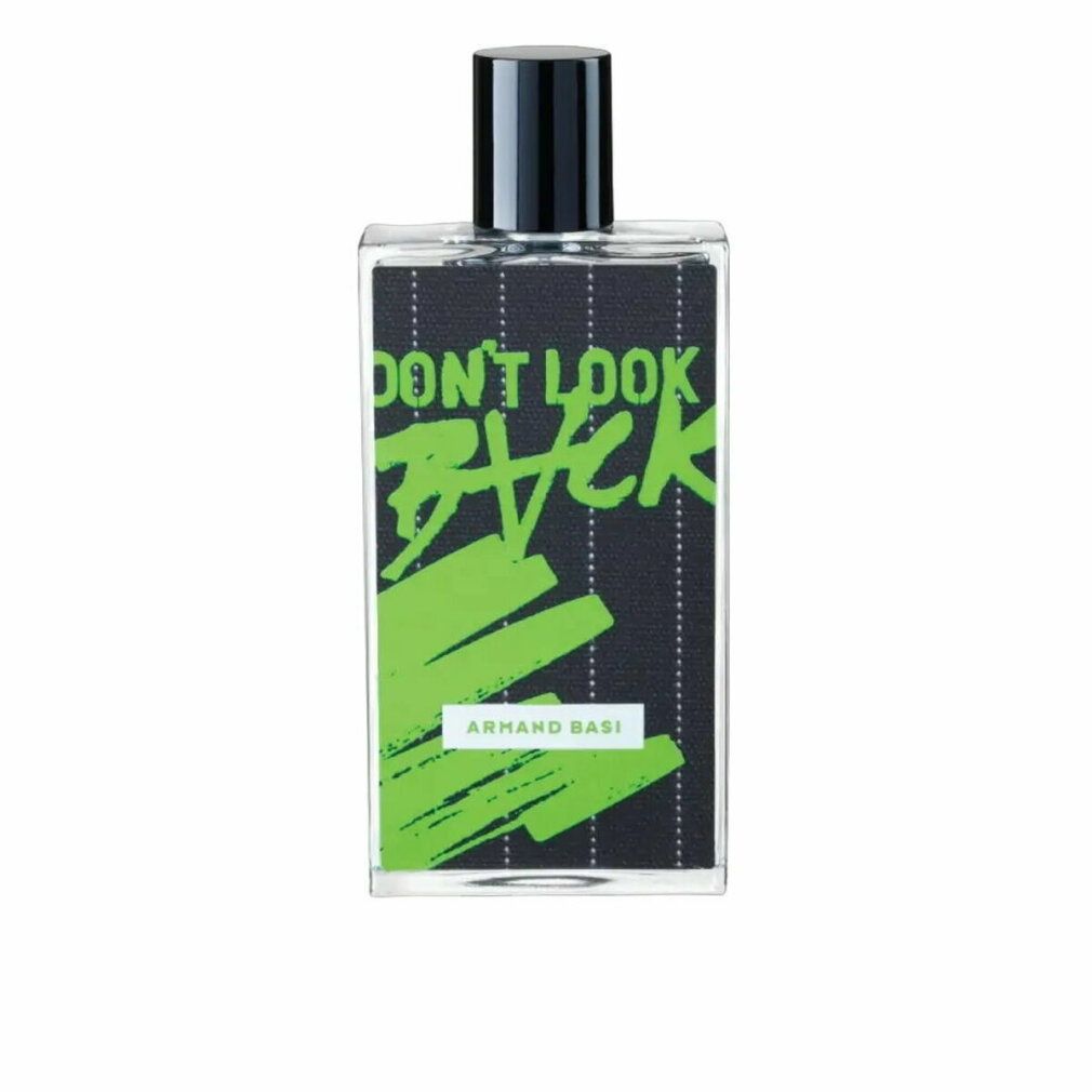 Flacone rettangolare con tappo nero. Scritta "DON'T LOOK BACK" in verde. Marchio: Armand Basi.