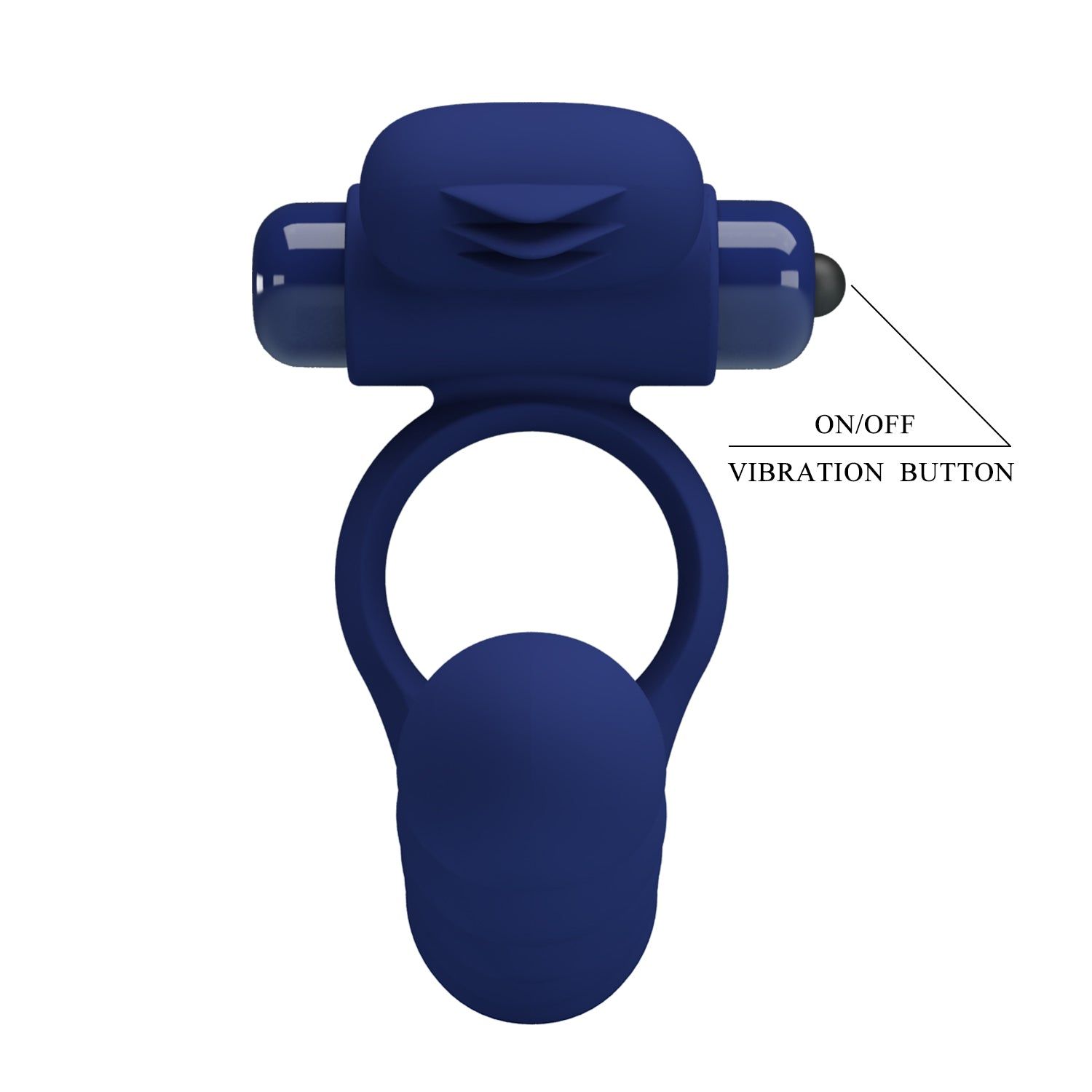 Anello vibrante blu con parte di controllo e scritta "ON/OFF VIBRATION BUTTON".