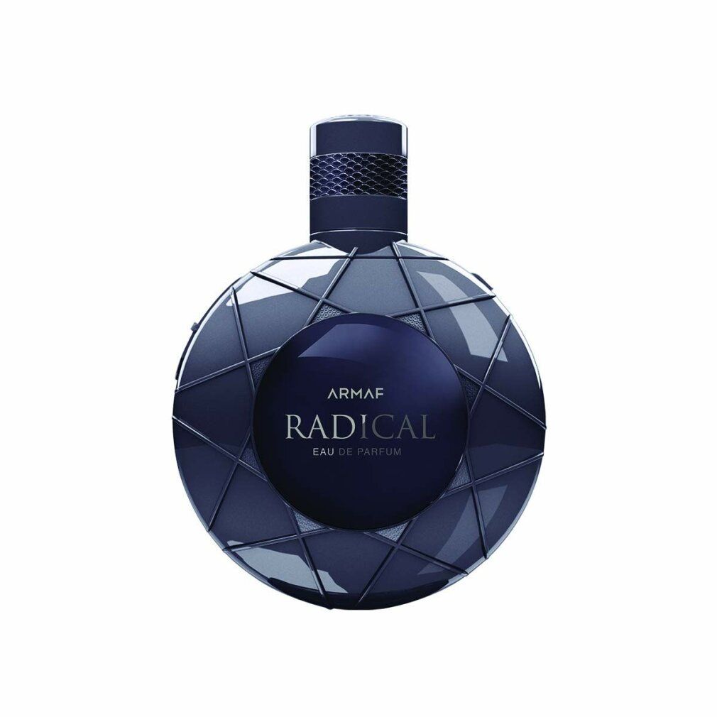 Flacone rotondo blu scuro con design geometrico. Scritta: ARMAF RADICAL Eau de Parfum.