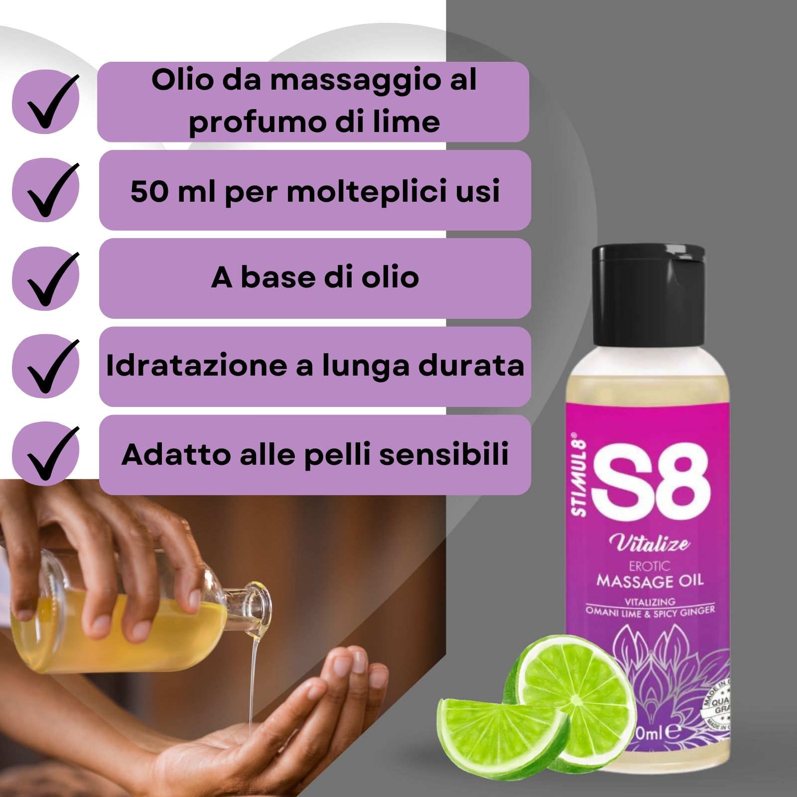 Flacone di olio da massaggio con tappo nero. Scritta: S8 Vitalize Erotic Massage Oil. 50ml. Olio versato in mano.