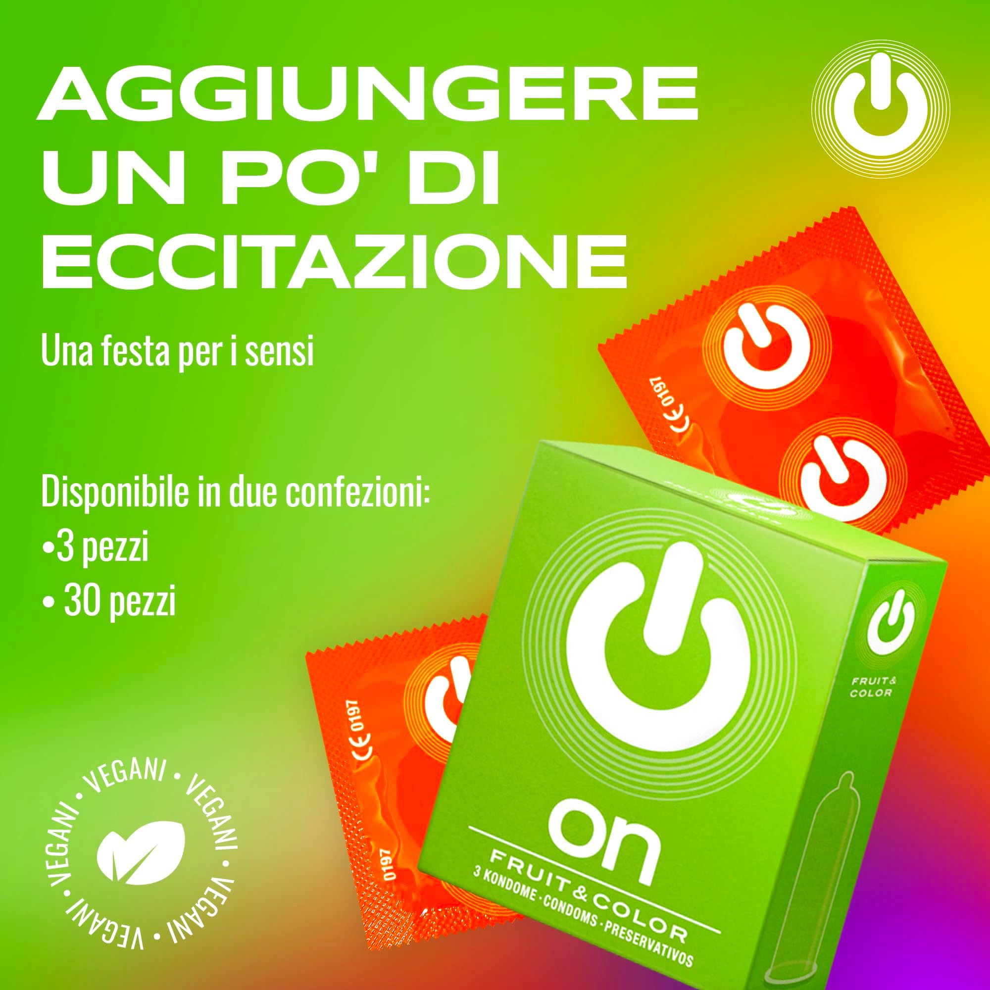 Preservativi ON Fruit & Color, confezione da 3, con logo e informazioni sul prodotto.