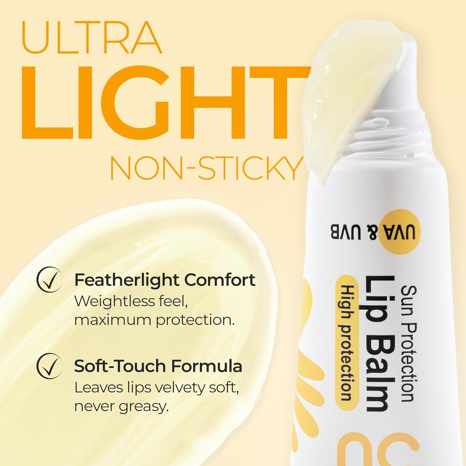 Balsamo labbra Victoria Beauty, SPF 50. Tubo con prodotto. Testo: Ultra leggero, non appiccicoso. Comfort leggero, formula soft-touch.