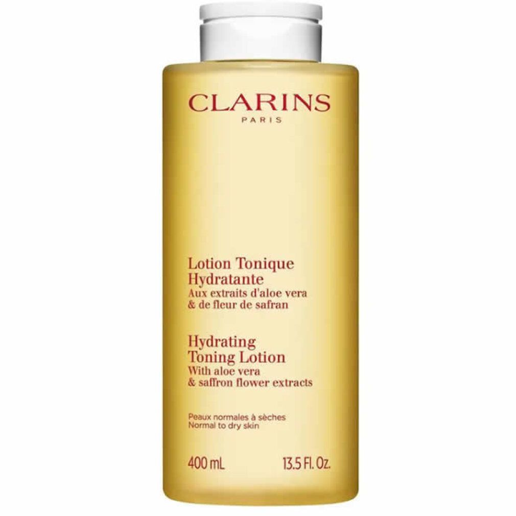 Flacone giallo con tappo bianco. Scritta: Clarins Paris, Lotion Tonique Hydratante, Hydrating Toning Lotion, 400 ml, 13.5 Fl. Oz.
