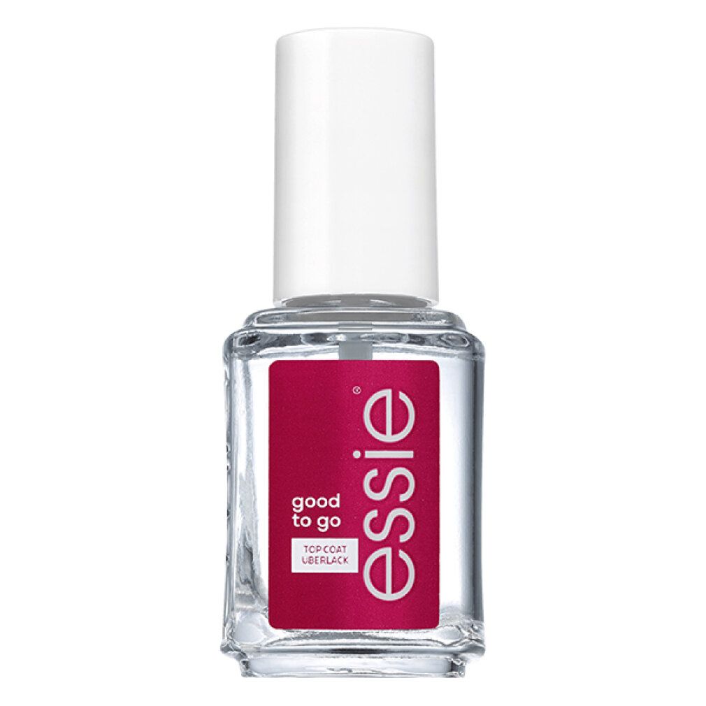 Flacone di smalto trasparente con tappo bianco. L'etichetta riporta "Essie Good to Go Top Coat".