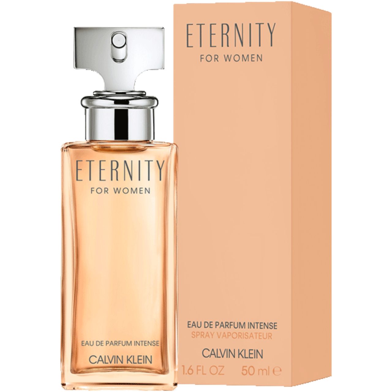 Flacone e confezione. Flacone: rettangolare, tappo argentato. Confezione: beige, rettangolare. Scritta: Eternity for Women, Calvin Klein.