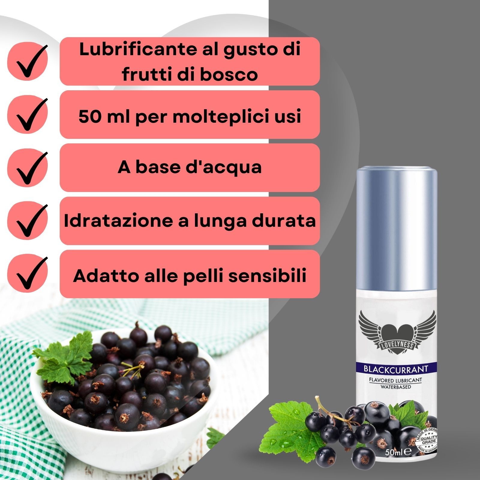 Lubrificante al gusto di frutti di bosco. 50ml. A base d'acqua. Idratazione a lunga durata. Pelli sensibili.