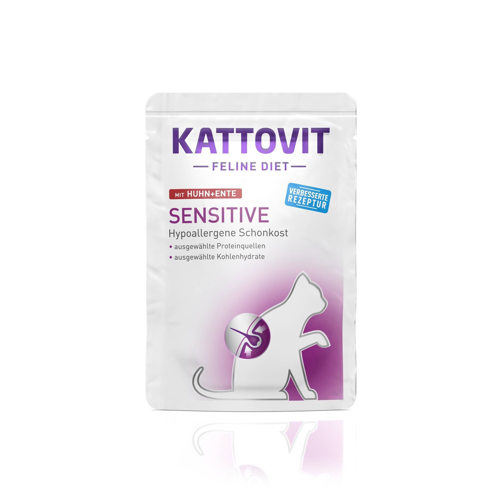 Busta KATTOVIT Sensitive Huhn & Ente. Bianca, accenti viola, sagoma di gatto. Testo: "Sensitive", "Ipoallergenico".