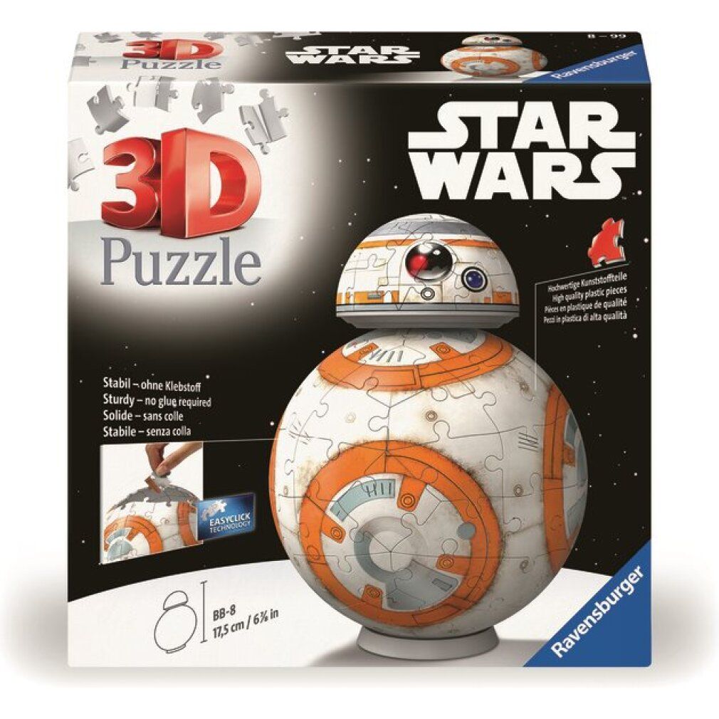 Confezione del puzzle 3D BB-8. Nome prodotto, immagine BB-8, pezzi del puzzle. Testo: "Stabile - senza colla".