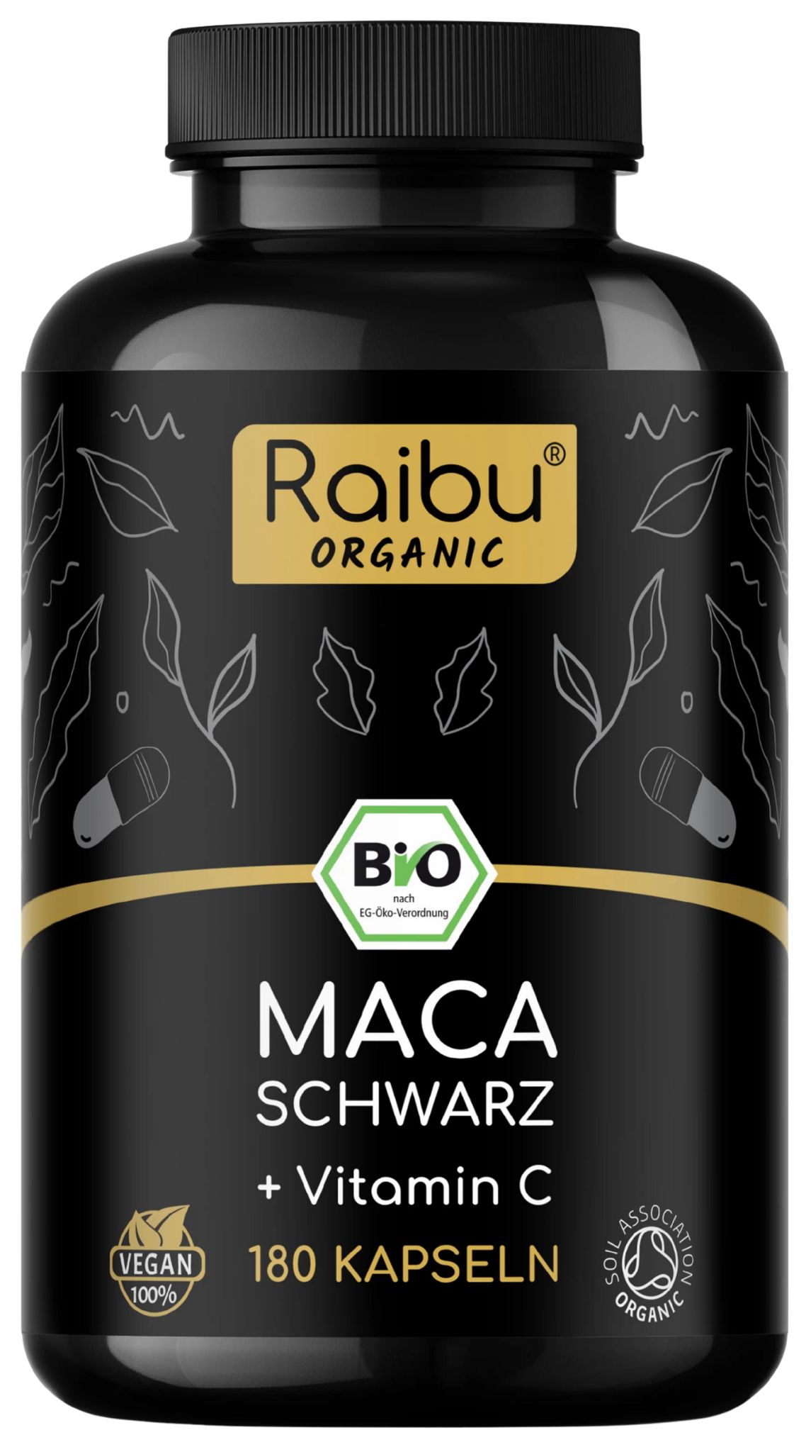 Flacone nero con capsule. Scritta: Raibu Organic, Bio, 180 capsule, Vegan.