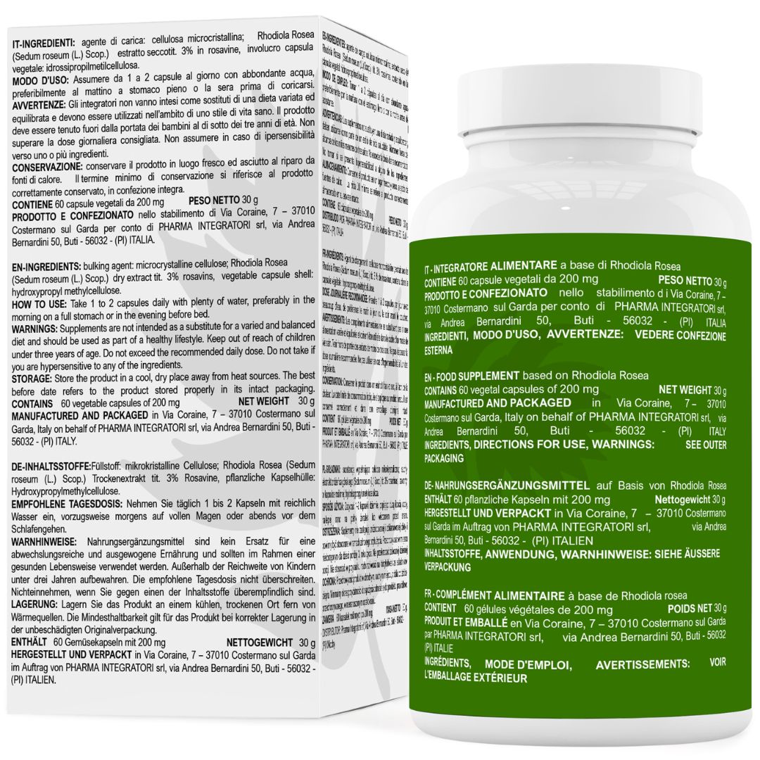 Integratore alimentare in capsule. Flacone bianco, etichetta verde. Testo in diverse lingue.