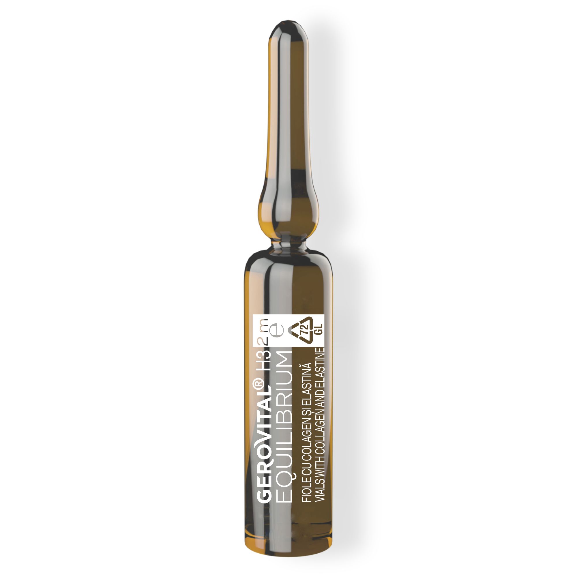 Fiala marrone con informazioni sul prodotto. Testo: Gerovital, Equilibrium, Vials with Collagen and Elastine. Scritta: 72 GL.
