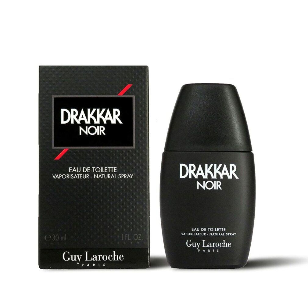 Flacone nero e scatola con scritta bianca "Drakkar Noir". Visibili anche "Eau de Toilette" e "Guy Laroche".