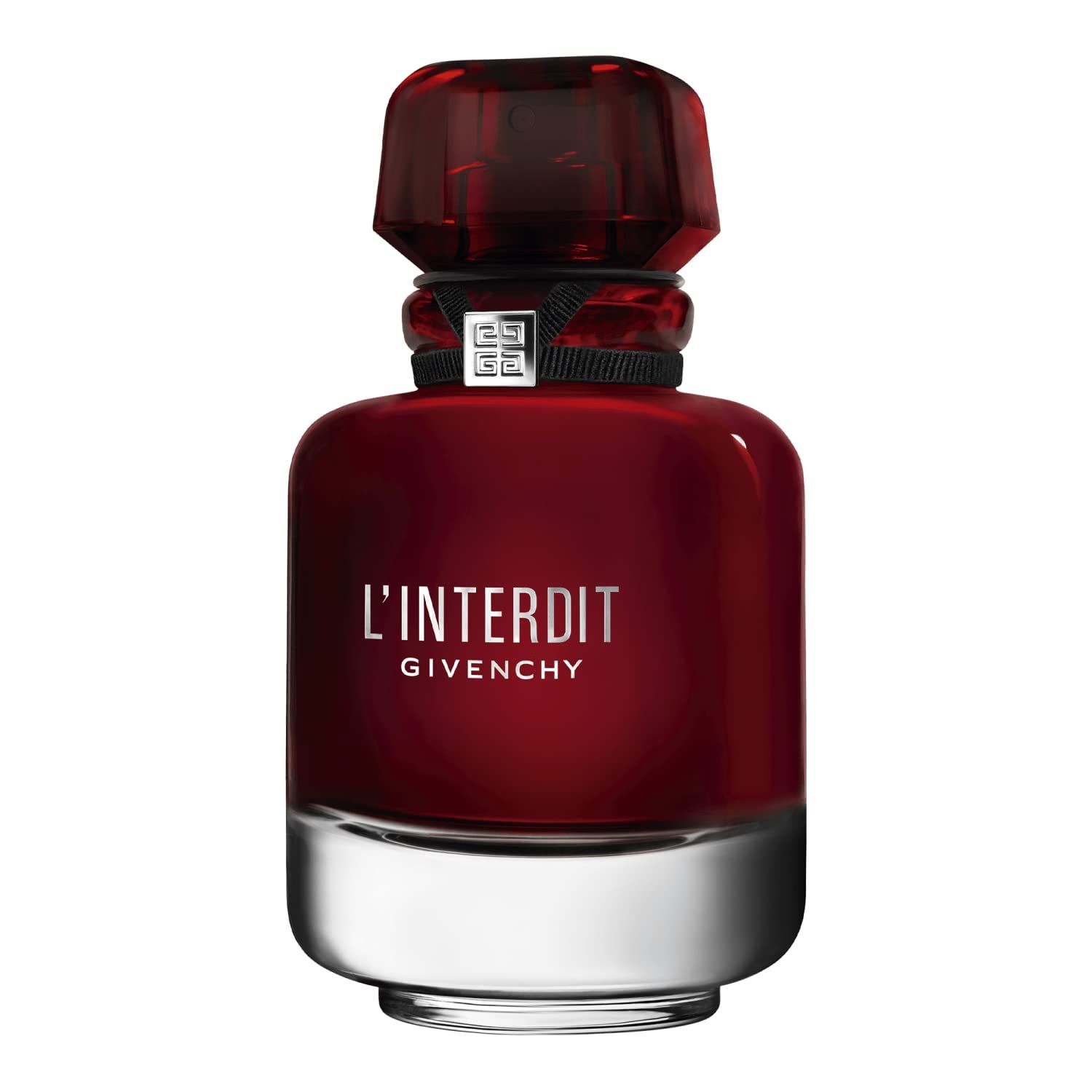 Flacone rosso, fascia nera, anello argentato. Scritta L'Interdit Givenchy. Tappo rosso.