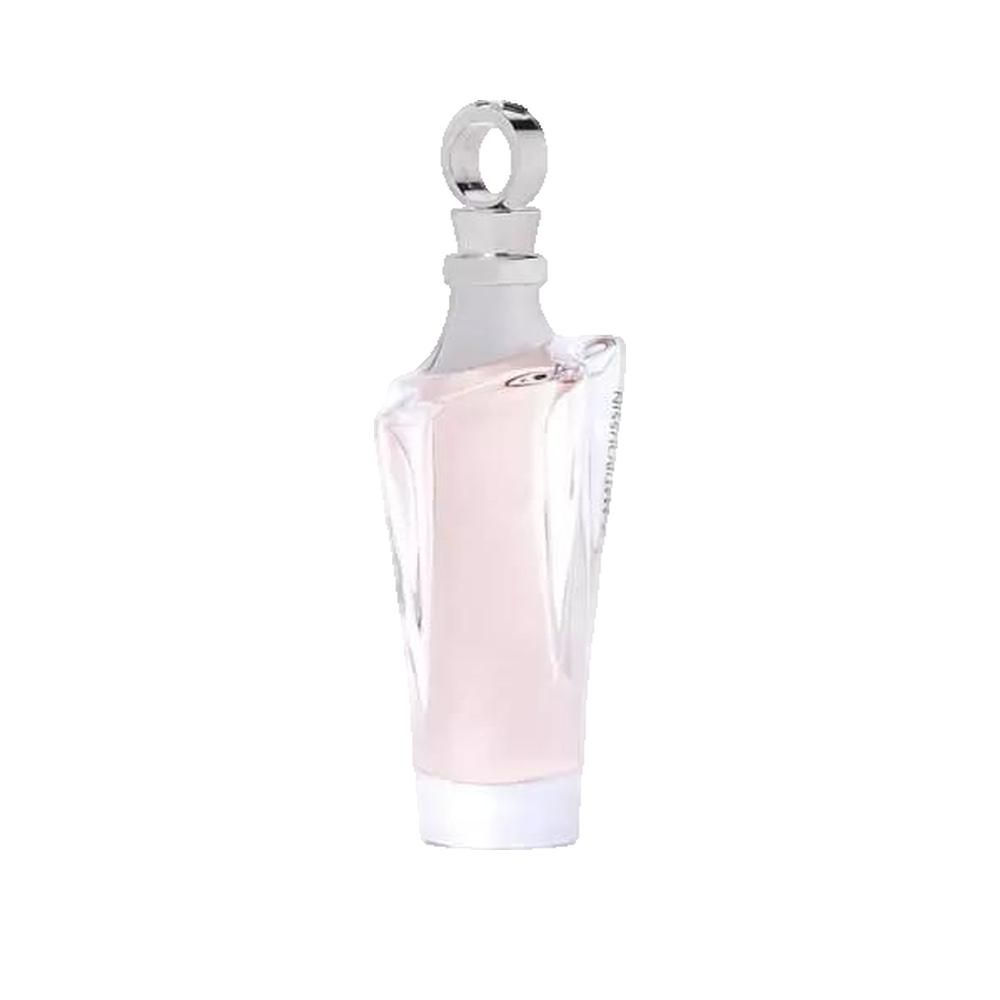 Flacone di profumo con tappo argentato. Liquido rosa all'interno. Scritta MAUBOUSSIN.