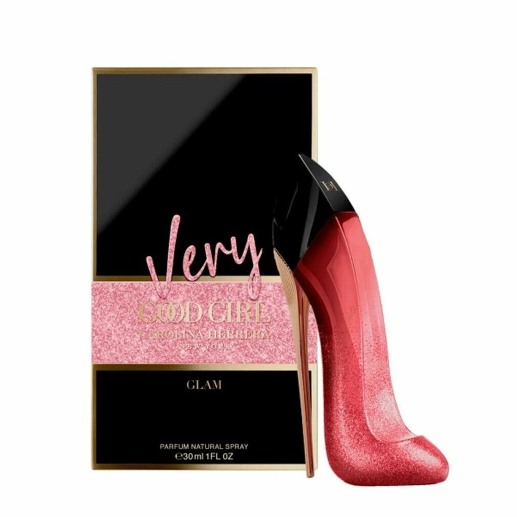 Confezione e flacone a forma di scarpa con tacco alto rossa. Confezione nera con dettagli glitterati rosa.