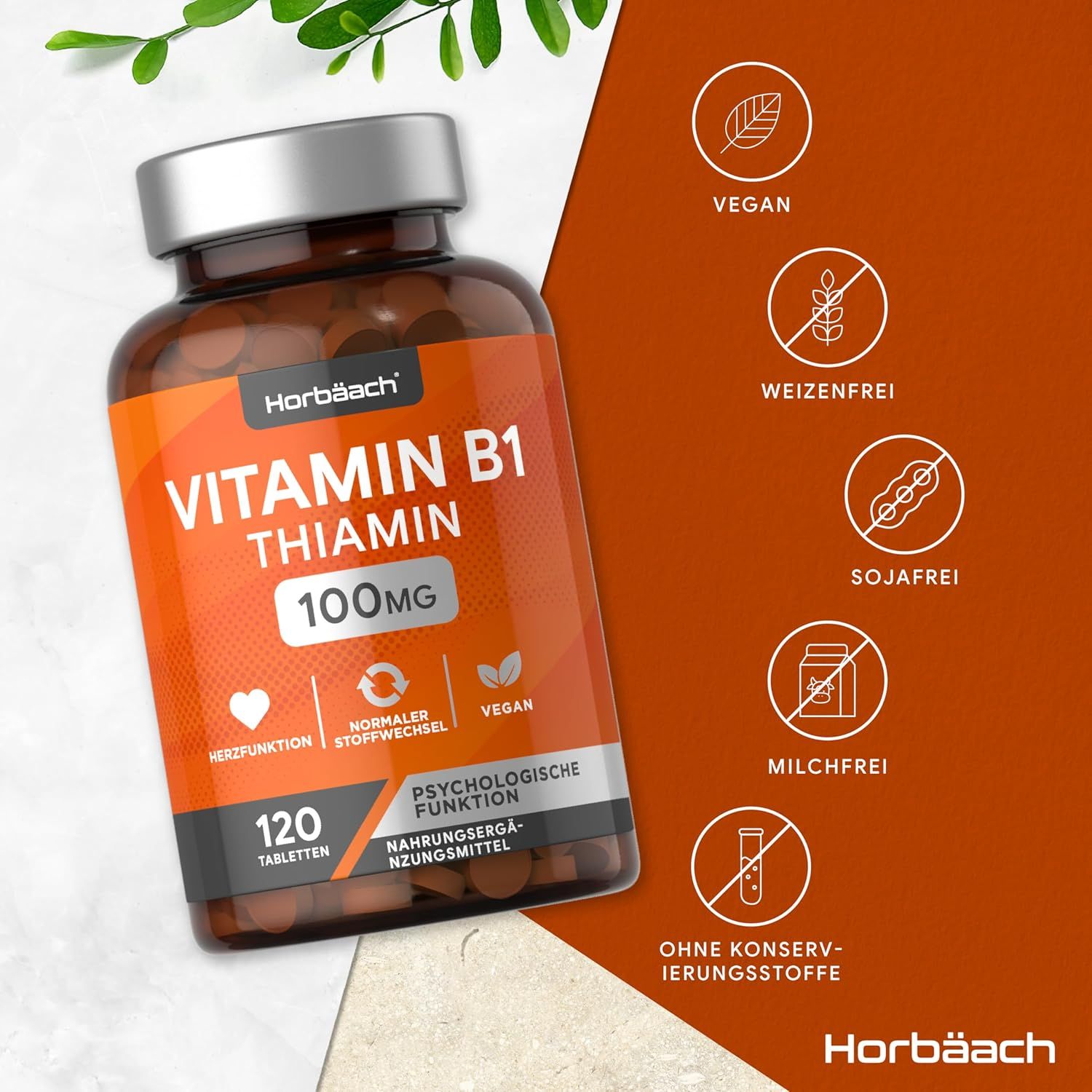 Flacone di compresse Horbaach Vitamina B1 Tiamina. Etichetta arancione con testo bianco. 120 compresse, 100mg. Vegan.