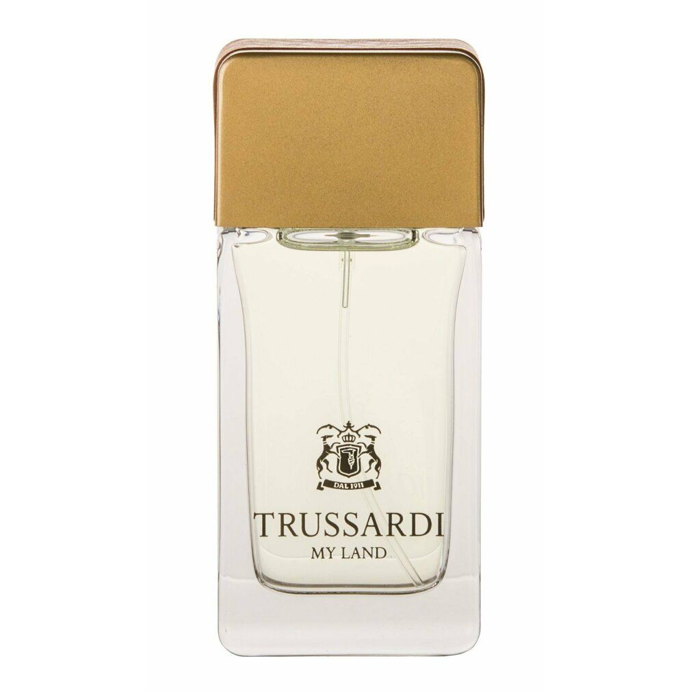 Flacone in vetro con vaporizzatore e tappo dorato. Logo e scritta: Trussardi My Land.