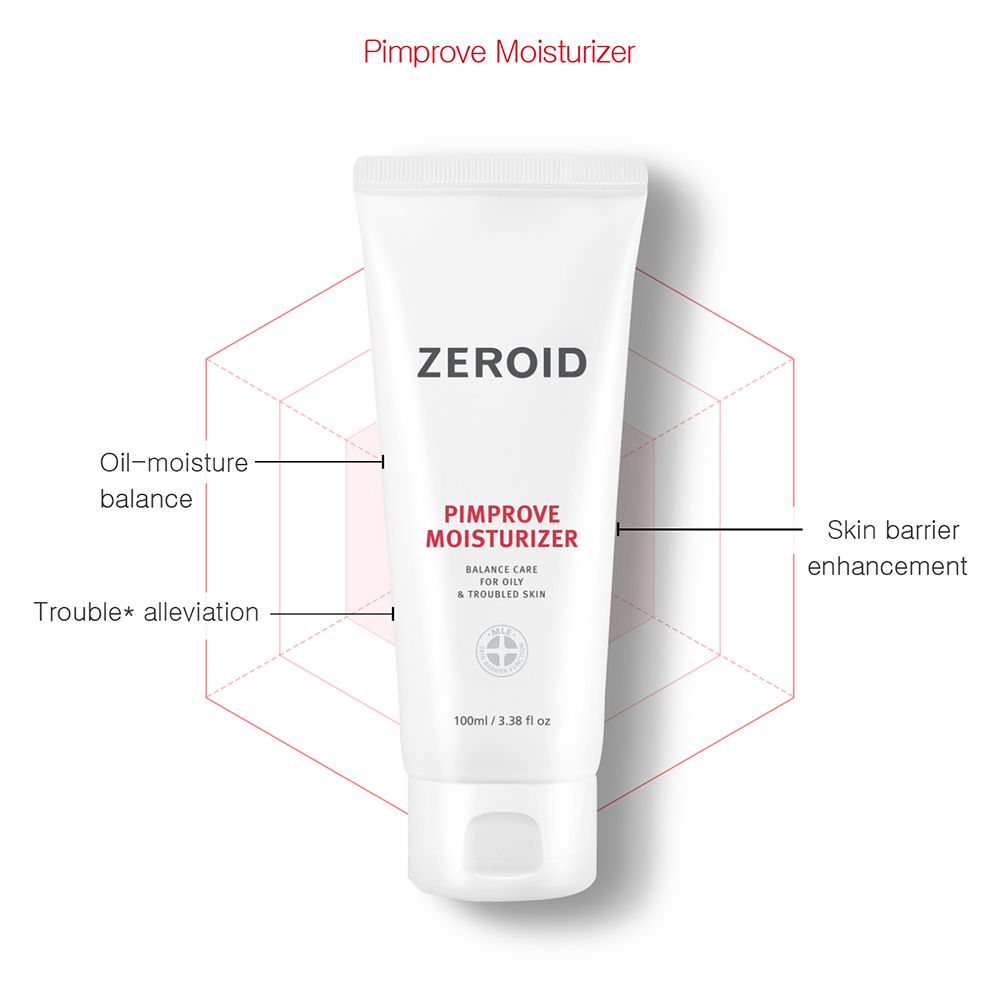 Tubo bianco ZEROID Pimprove Moisturizer con diagramma. Scritta: Balance Care for Oily & Troubled Skin. 100ml/3.38 fl oz. Diagramma con frecce.