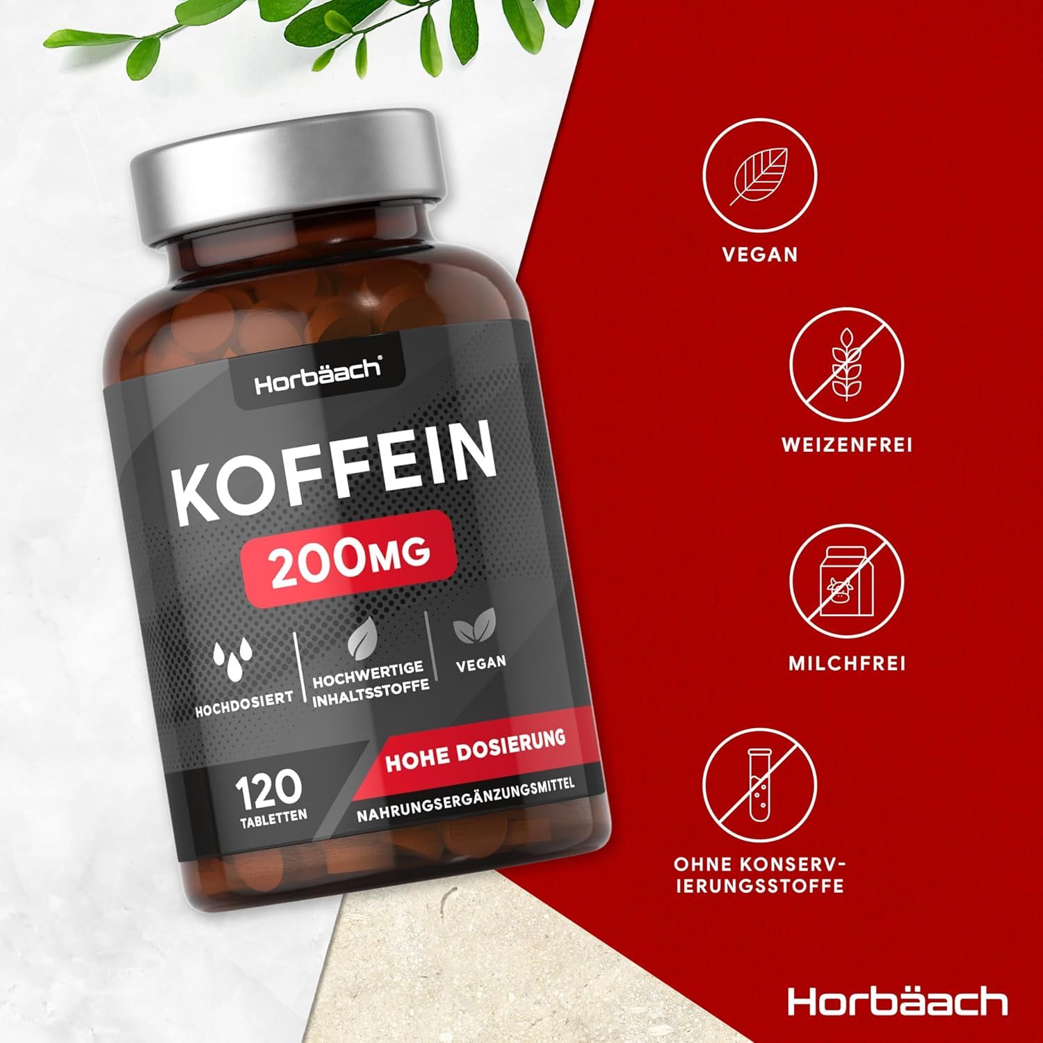 Flacone marrone con compresse. Scritta: Koffein 200mg, 120 compresse. Certificato GMP, 100% alta qualità.