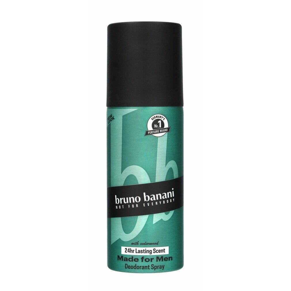 Deodorante Made For Men Bruno Banani. Flacone turchese e nero con logo e scritta. Profumo 24h.