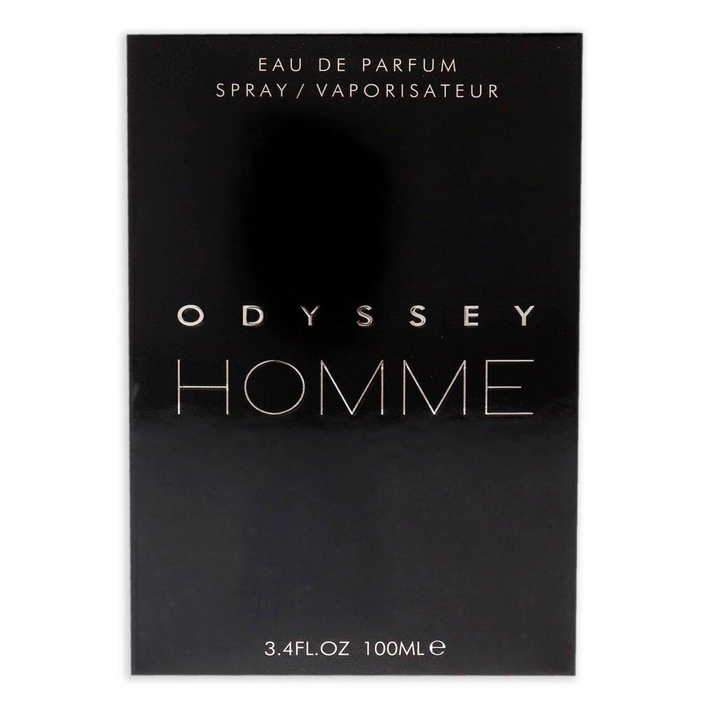 Confezione nera. Scritta: Odyssey Homme Eau de Parfum. Testo e logo. 3.4 fl.oz 100ml.