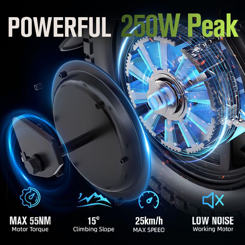 Motore e-bike con 250W Peak. Caratteristiche: Coppia motore max. 55NM, pendenza 15°, velocità max. 25km/h, basso rumore.