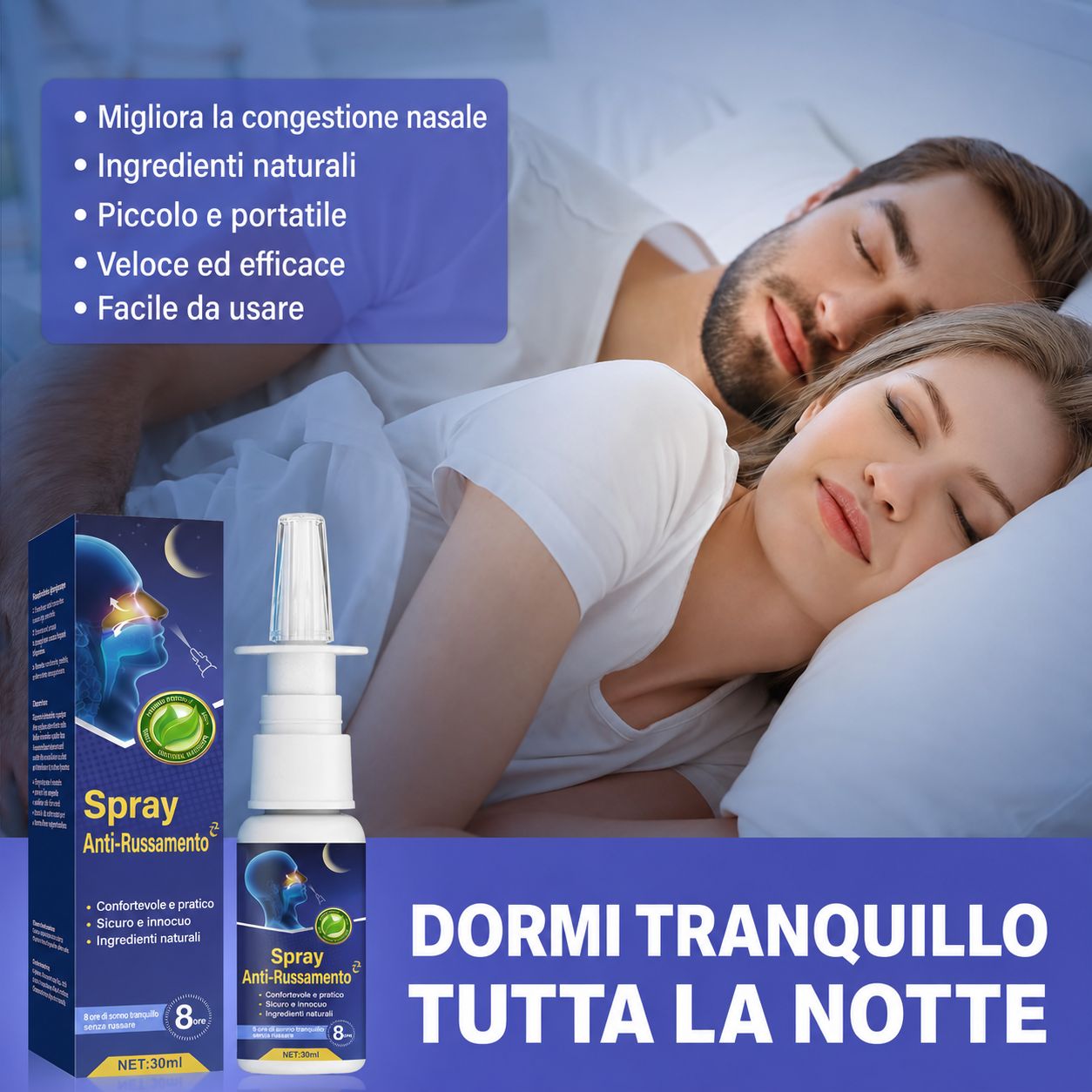Spray nasale e confezione. Scritta: Anti-Snore Spray. Due persone che dormono sullo sfondo.
