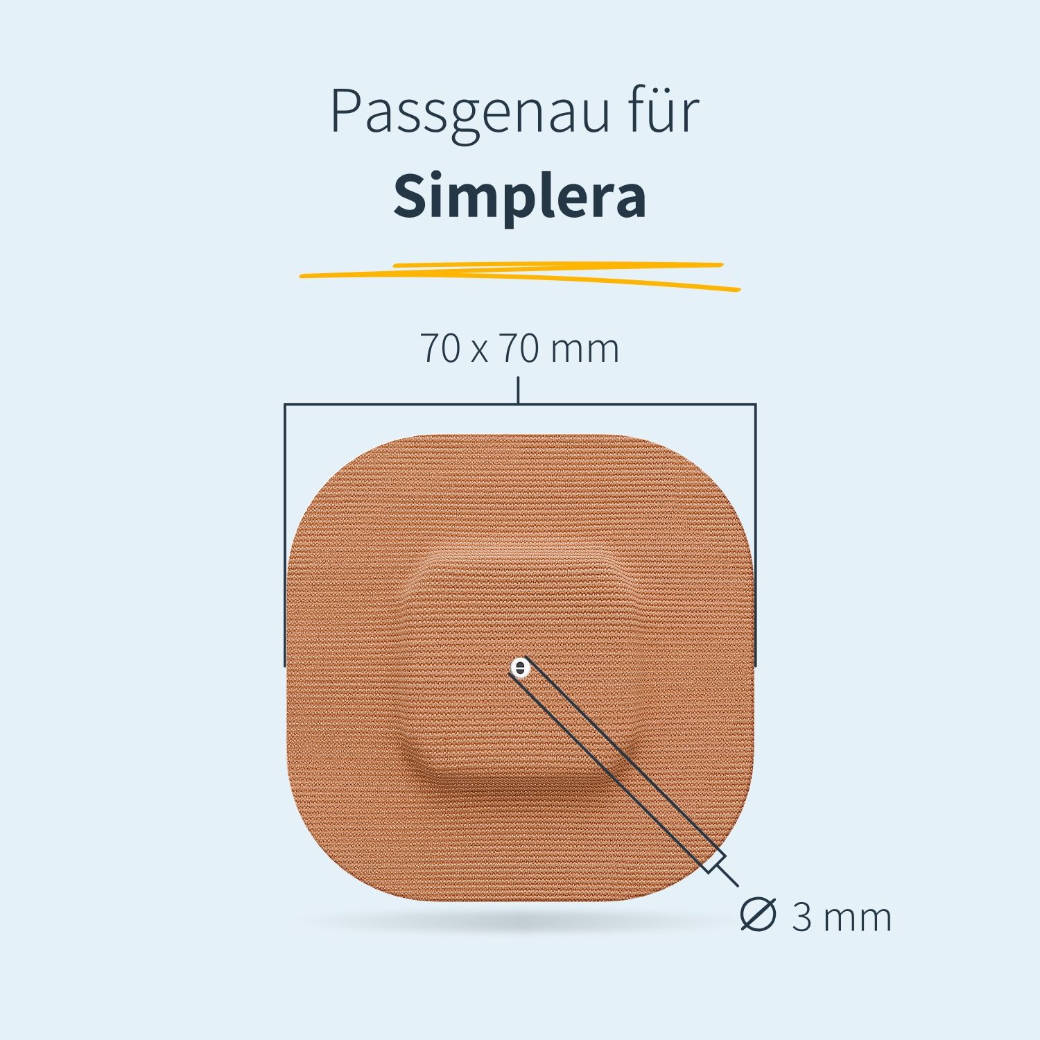 Cerotto quadrato beige. Dimensioni: 70 x 70 mm. Diametro del foro: 3 mm. Testo: Su misura per Simplera.