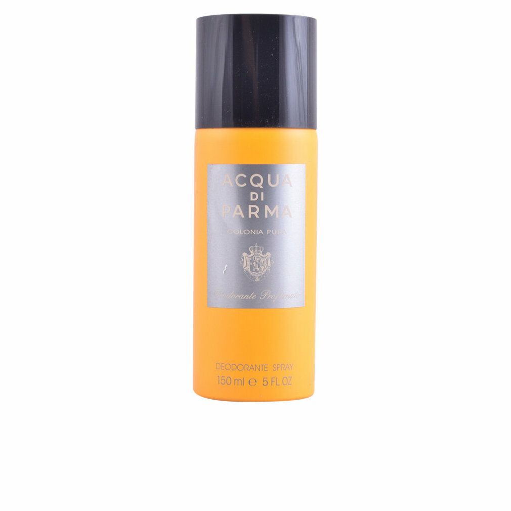 Spray deodorante giallo con tappo nero. Etichetta argentata con testo: Acqua di Parma, Colonia Pura. In basso: Deodorant Spray, 150 ml, 5 FL OZ.